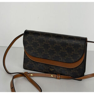 Celine Wallet on Strap in Triomphe Canvas and Smooth Lambskin in Tan S09